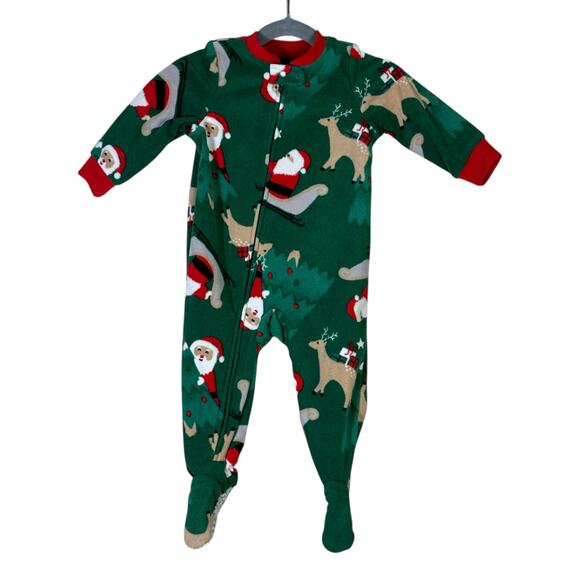 Carter’s Pajama Onesie Baby 12M Green Santa Reindeer Footed Holiday Christmas - Picture 1 of 6